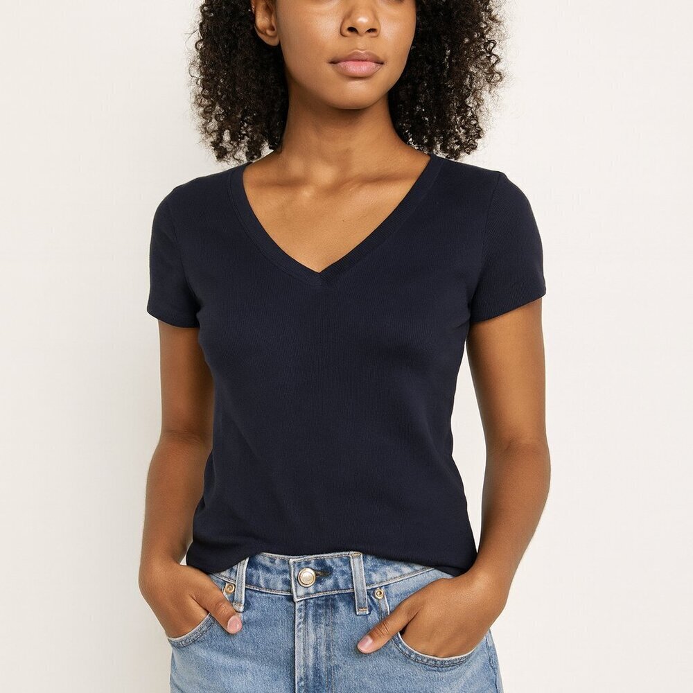 Hollister Short Sleeve Ribbed V-Neck Navy Medium Top